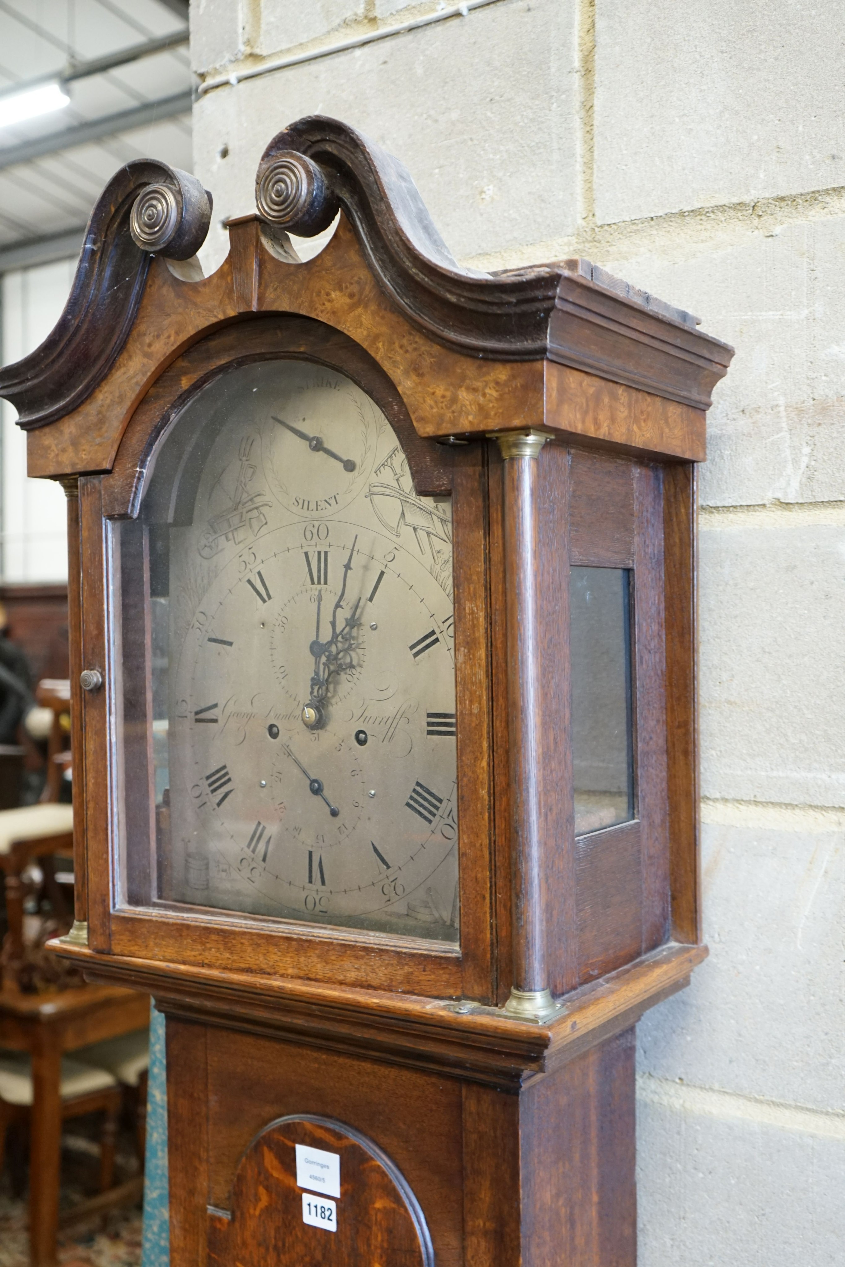 A George III and later oak cased 8 day longcase clock, marked George Dunbar, height 207cm